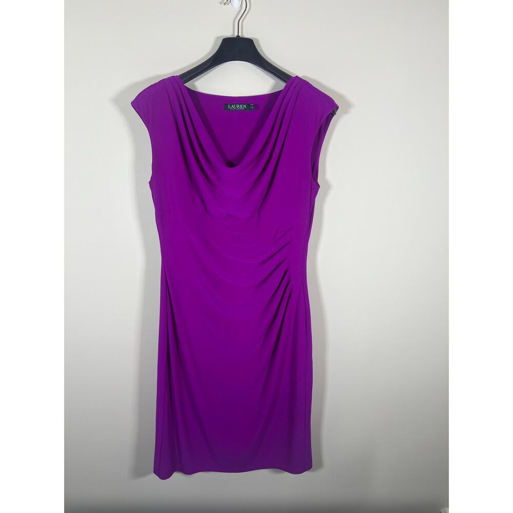 Ralph Lauren Jersey Cowl‎ Neck Dress Chic Body Skimming Waist Ruching 14 Purple - Picture 4 of 8